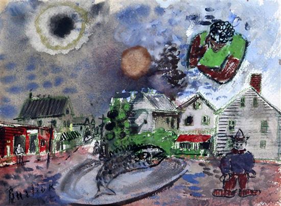 David Burliuk (1882-1967) Street scene with fish and cowboy 10 x 13in.